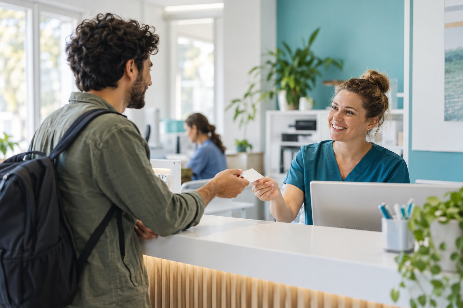 A patient presents an insurance card at a welcoming medical practice reception