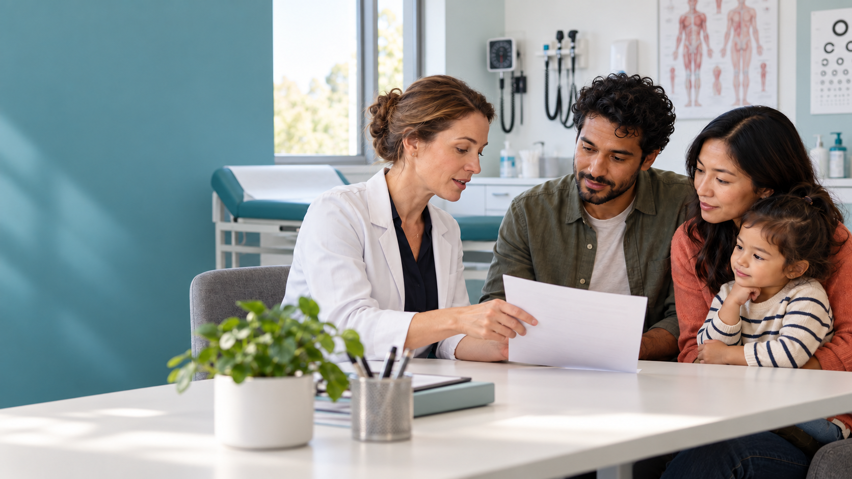 A doctor speaks with a family in a welcoming medical practice
