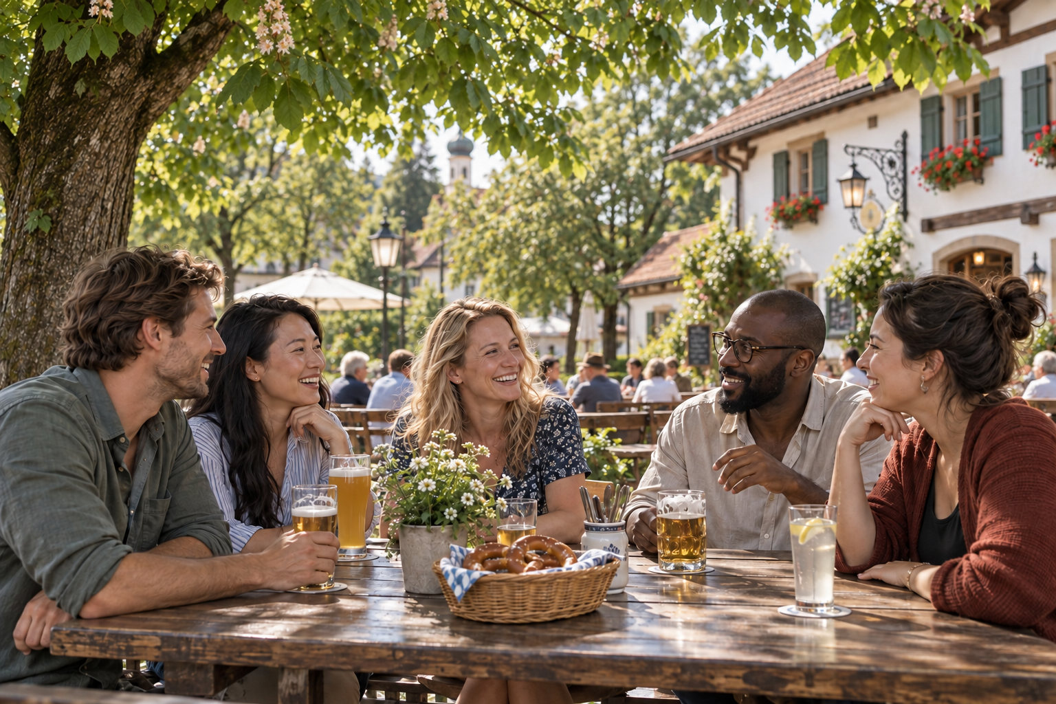 Friends from different backgrounds enjoying a conversation in a leafy Bavarian beer garden