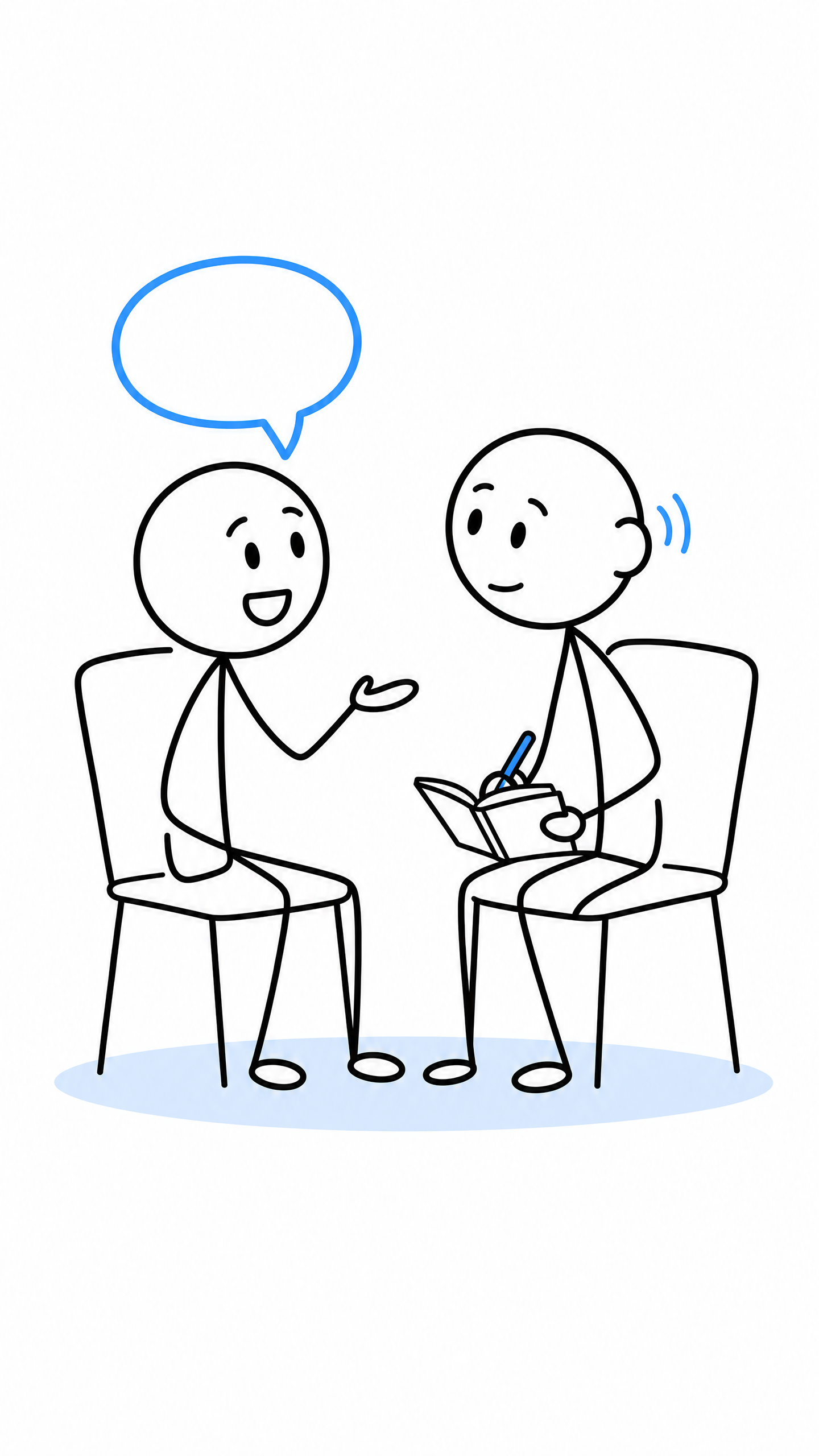 Two Unconfuse stick figures having a friendly conversation, with one listening and taking notes