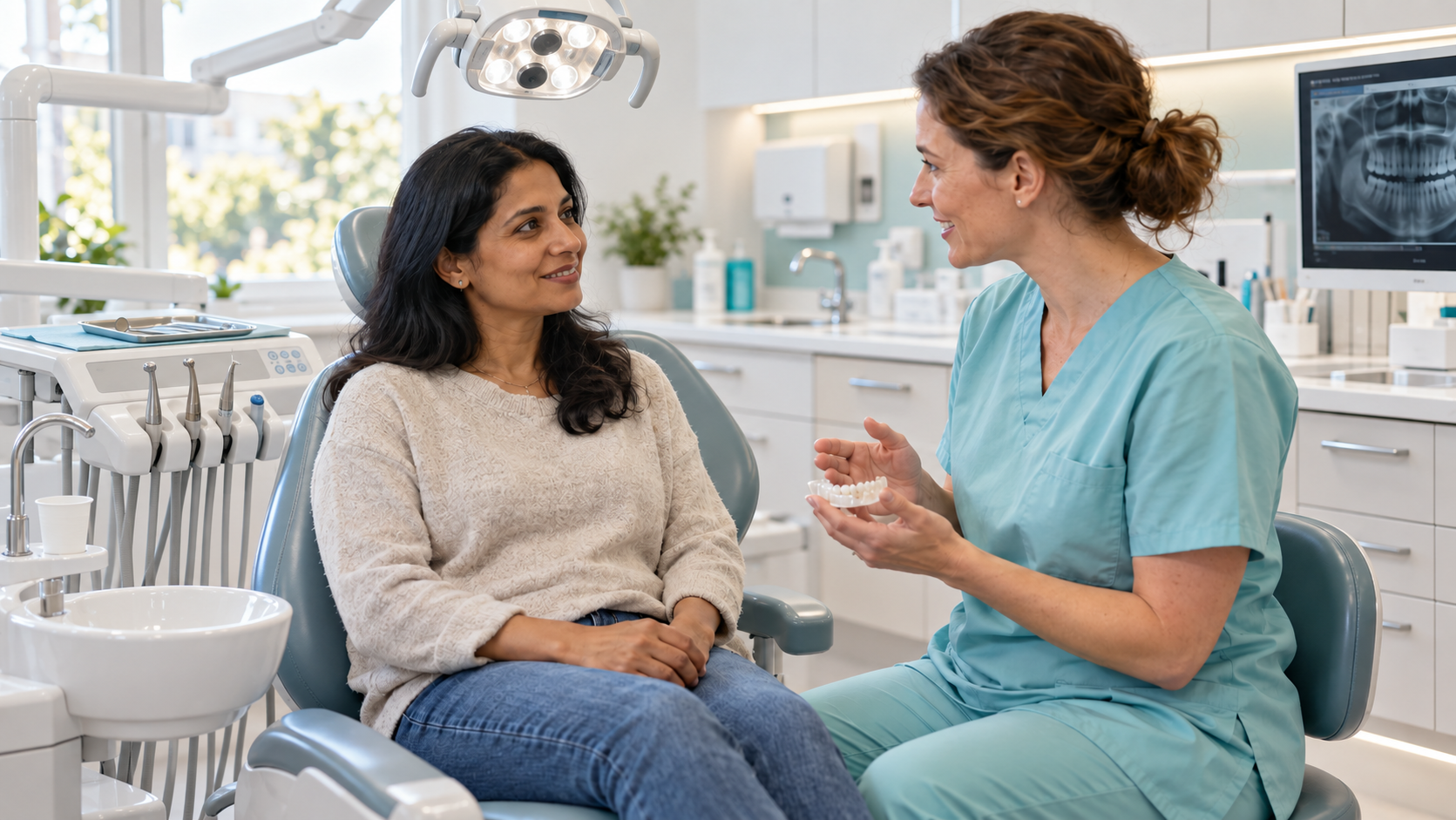 A patient discusses dental care with her dentist in a bright, modern dental practice.