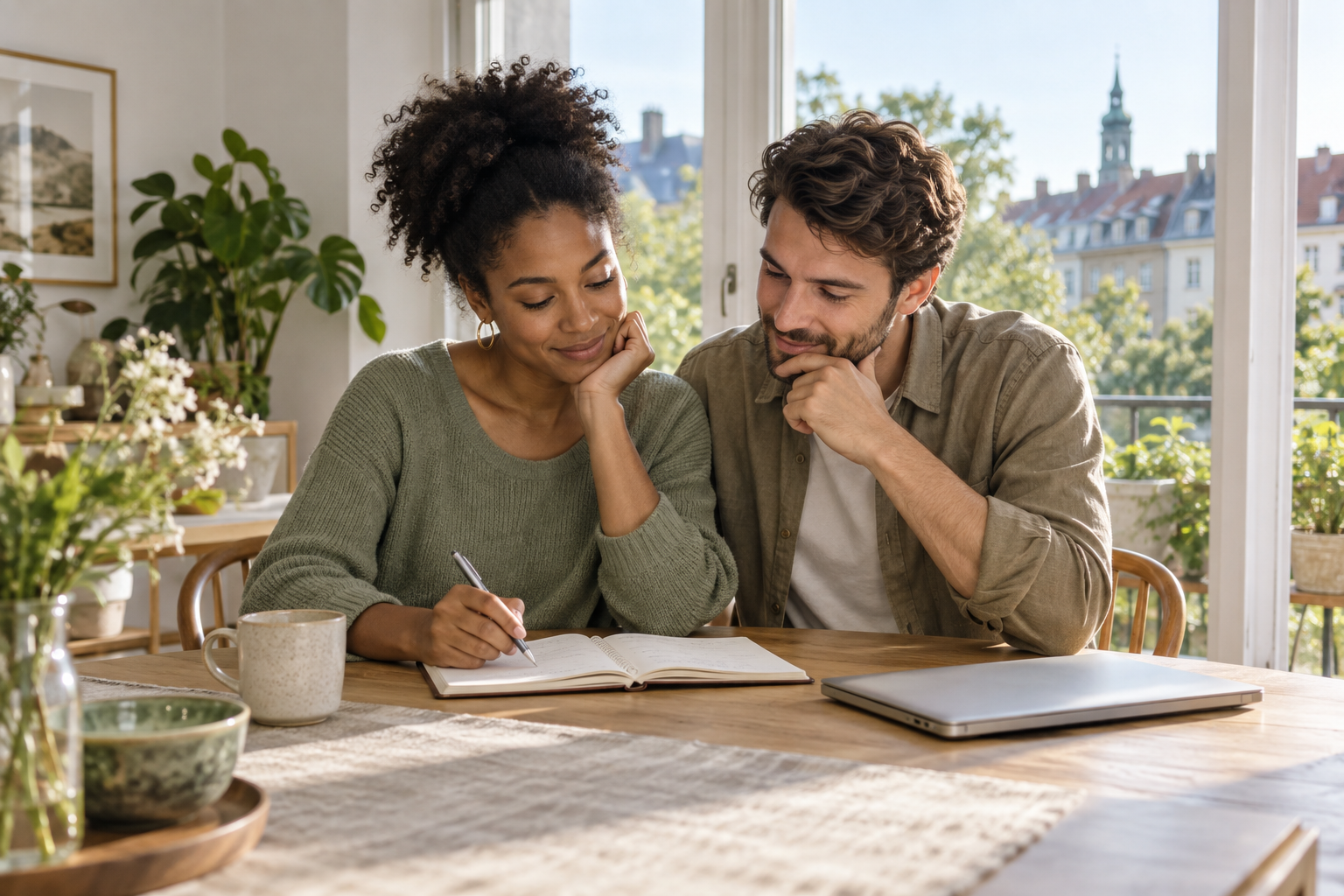 A young couple reviewing their future plans at home