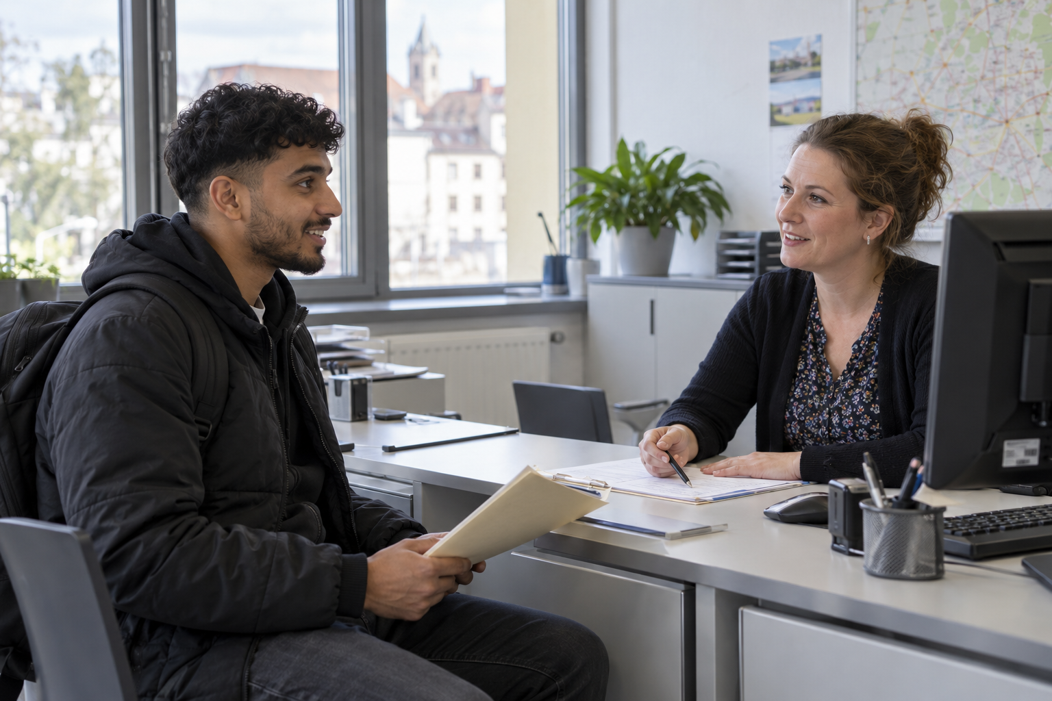 A newcomer discussing address registration with a clerk in a German municipal office