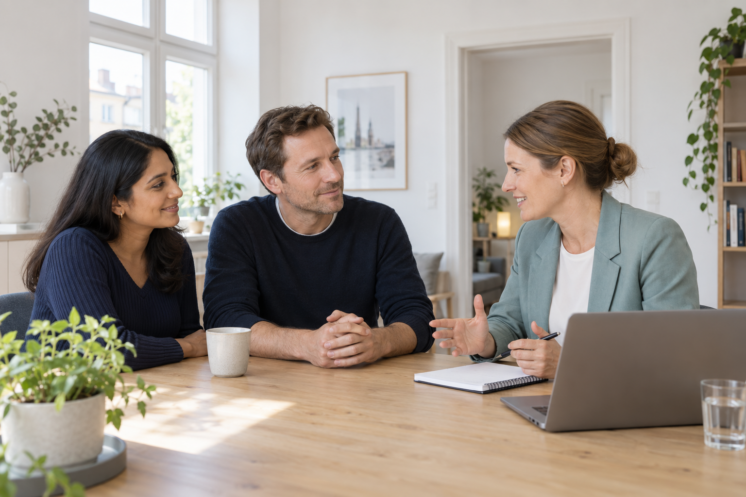 An international couple discussing their financial plans with an adviser