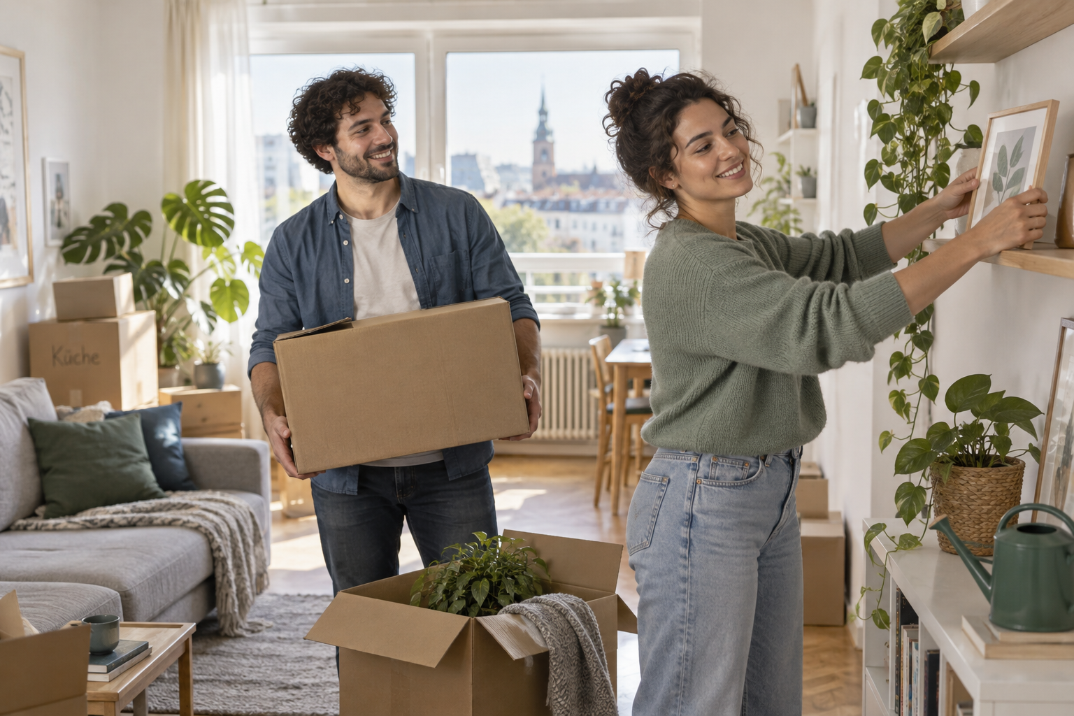 Illustration of a couple settling into their new apartment in Germany