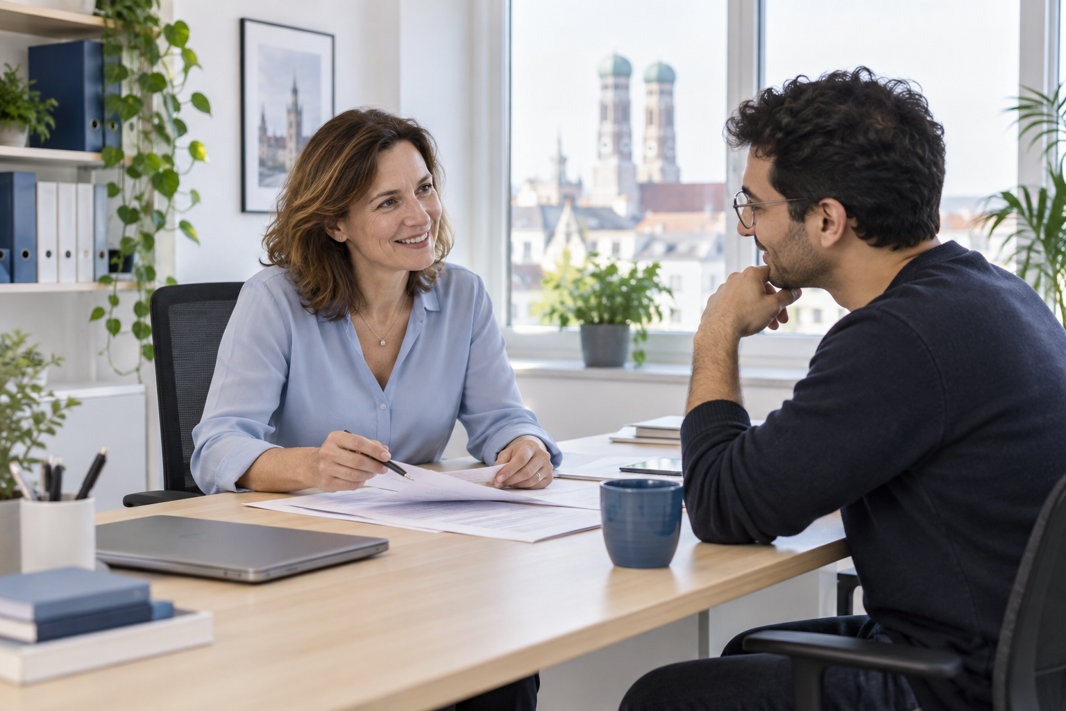 Illustration of a tax adviser discussing documents with an international client in Germany