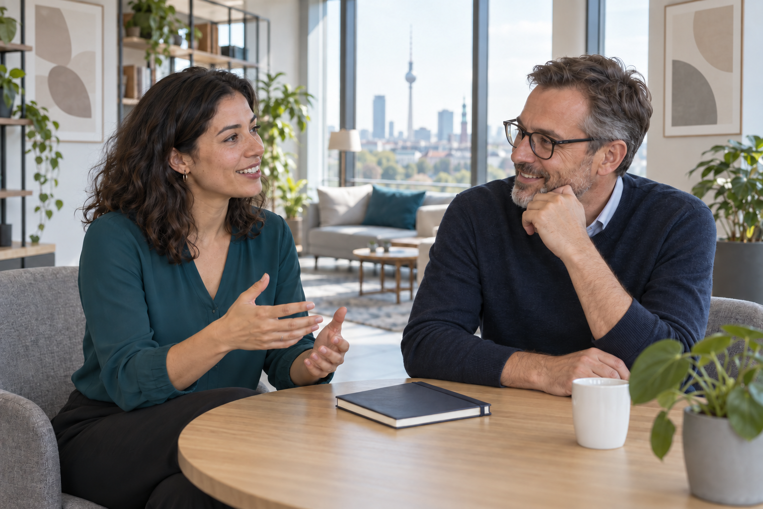 Two coworkers discussing their plans in an office lounge