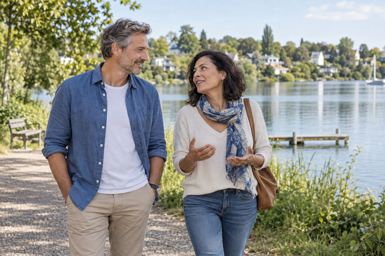 A couple walking beside a lake and discussing their future