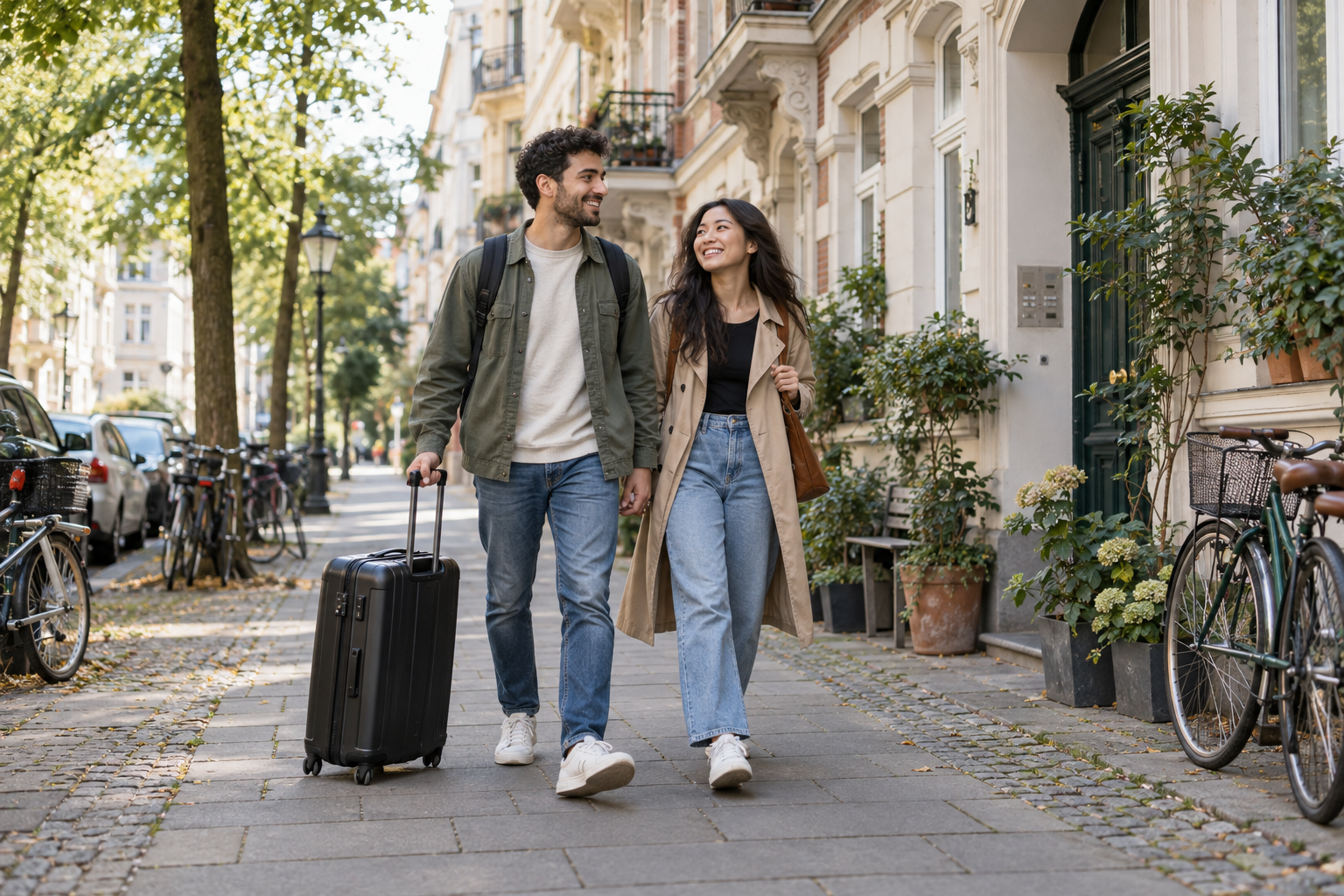 A couple walking with a suitcase along a residential street in Germany