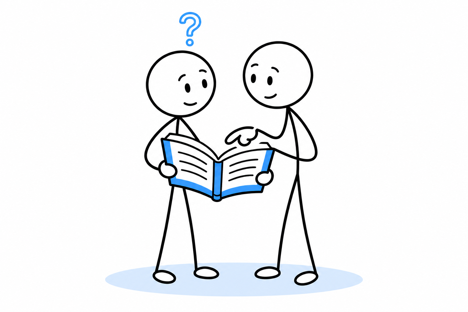 Two Unconfuse stick people exploring an open guide together