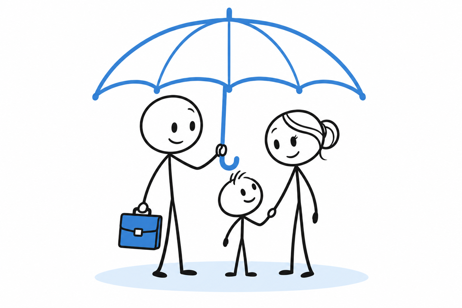 Unconfuse stick-person family protected by a blue umbrella, representing protection for household income