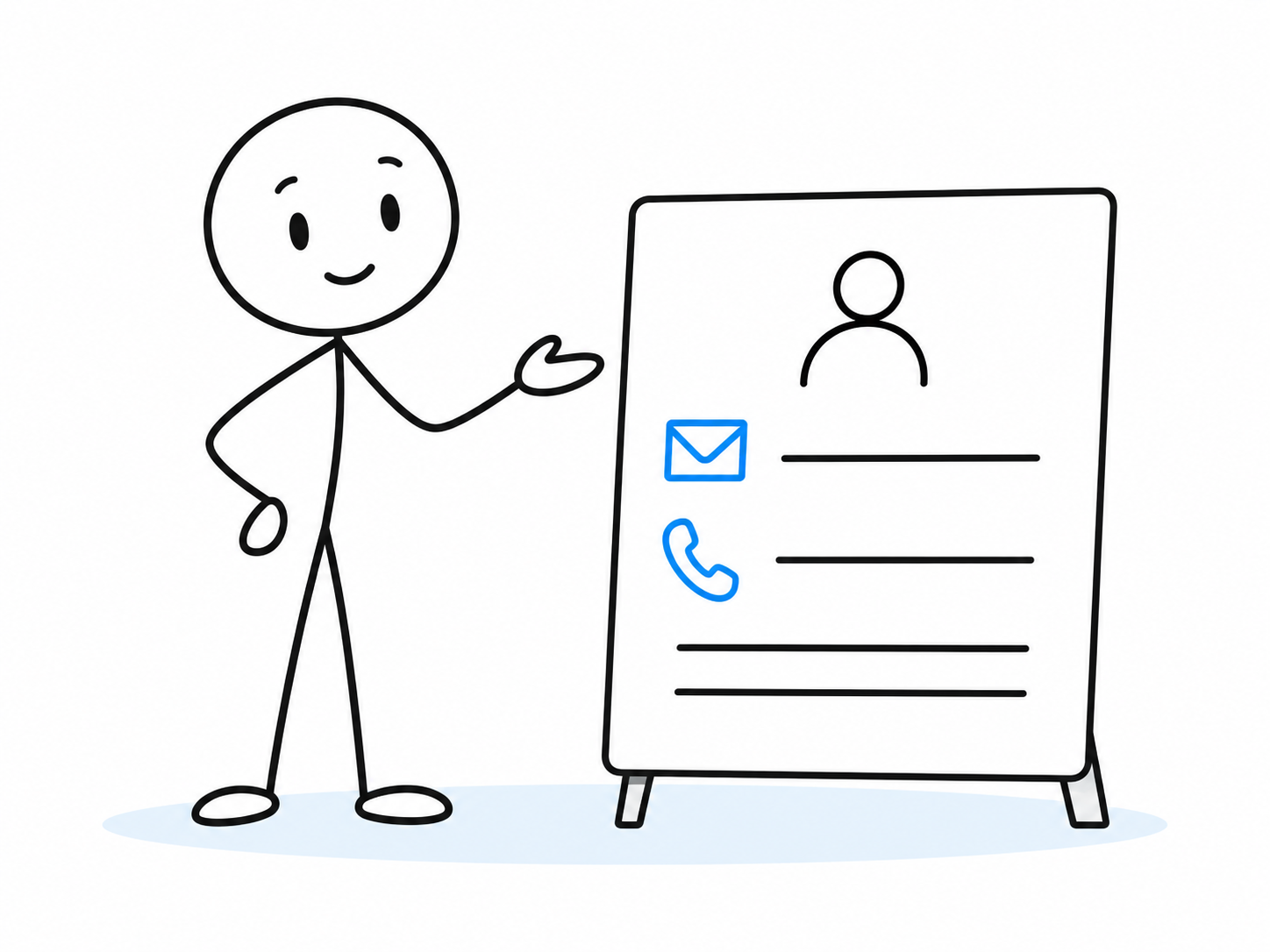 An Unconfuse stick character presents a contact information card with email and telephone symbols