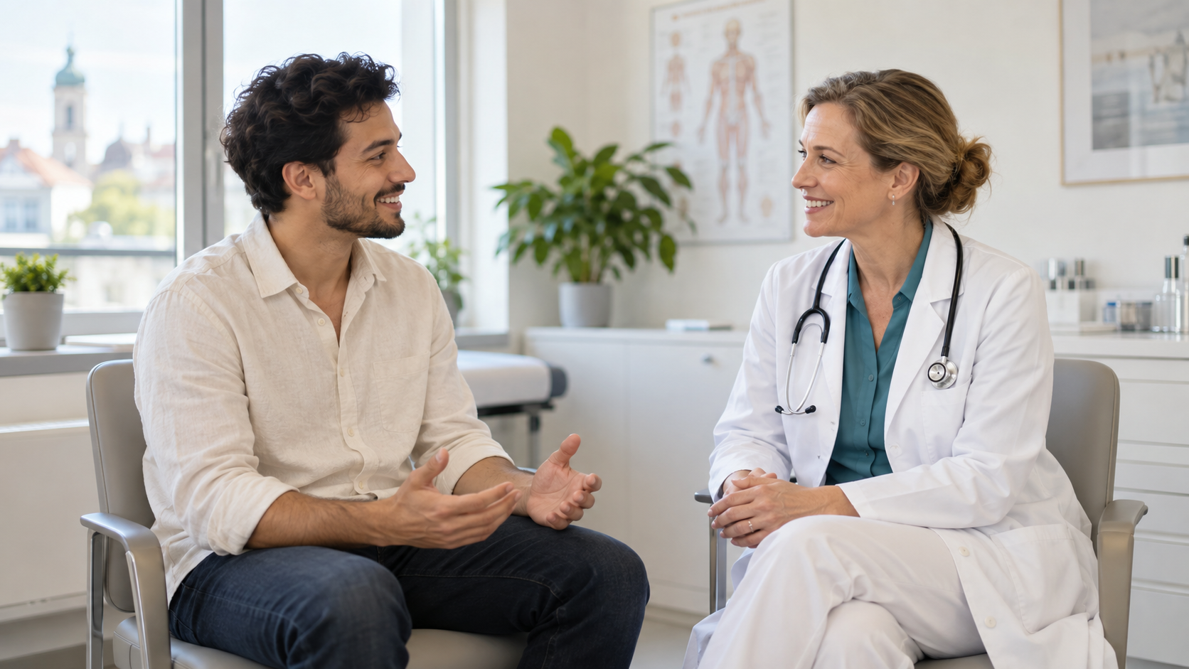 A young international professional discusses healthcare with a doctor in a bright German medical practice