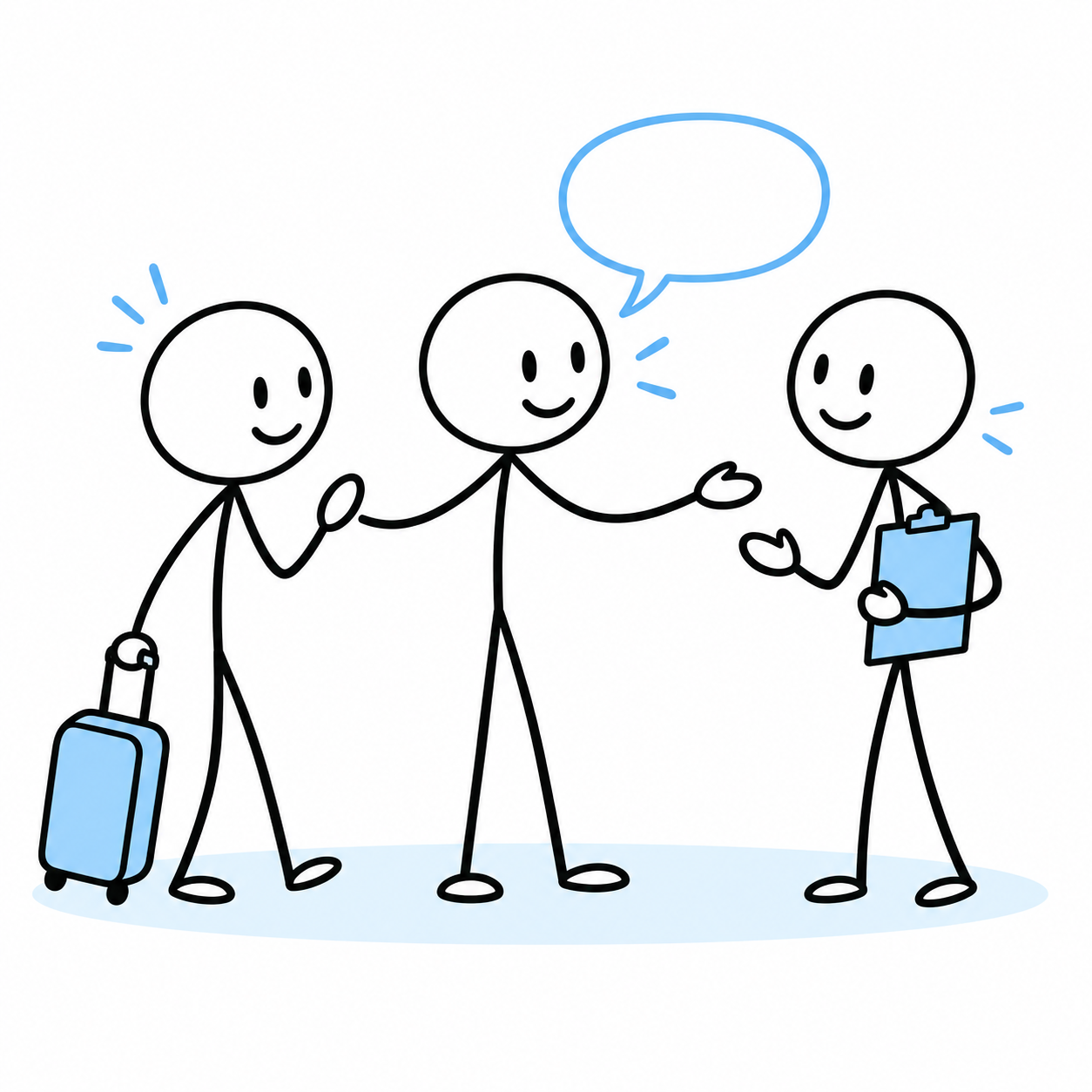 An Unconfuse guide introducing a newcomer with a suitcase to a specialist with a clipboard