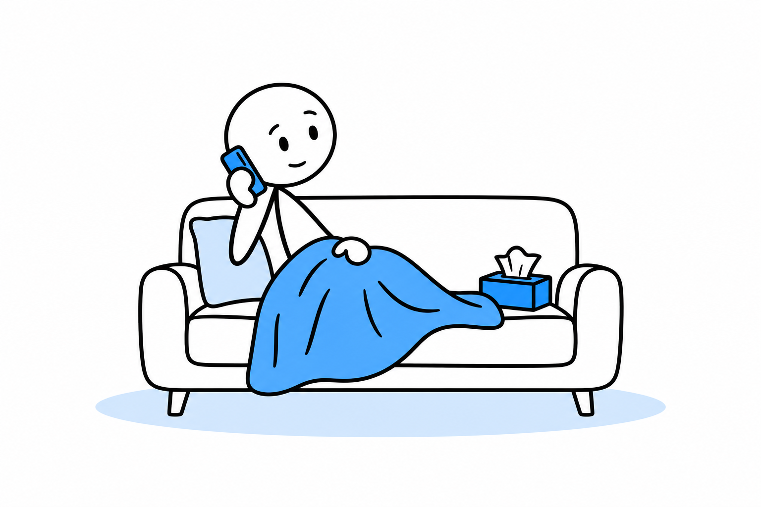 An Unconfuse stick person resting at home and calling work