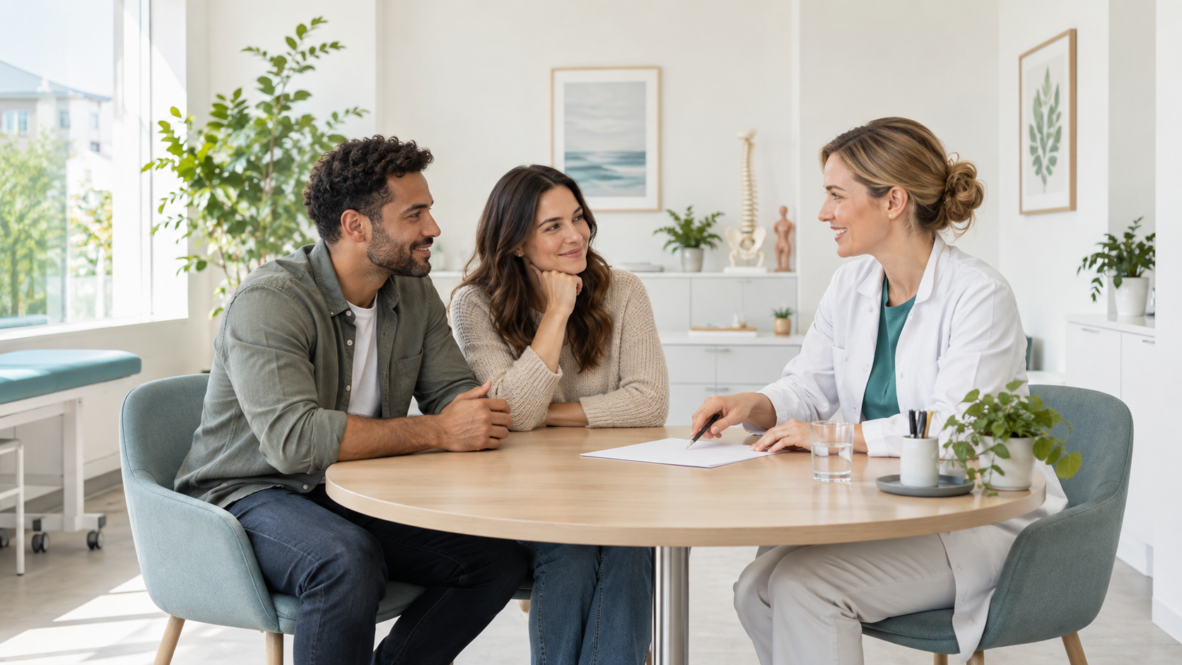 A couple discusses healthcare choices with a doctor in a bright, welcoming medical practice